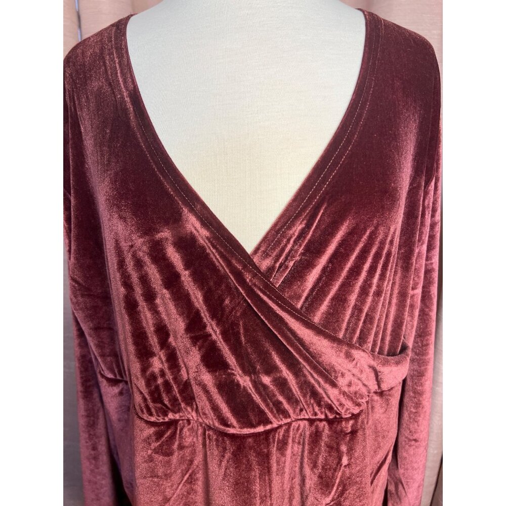 Serra Women Velvet Faux-Wrap Baby Doll Dress XL Maroon Long Sleeve Knee Length